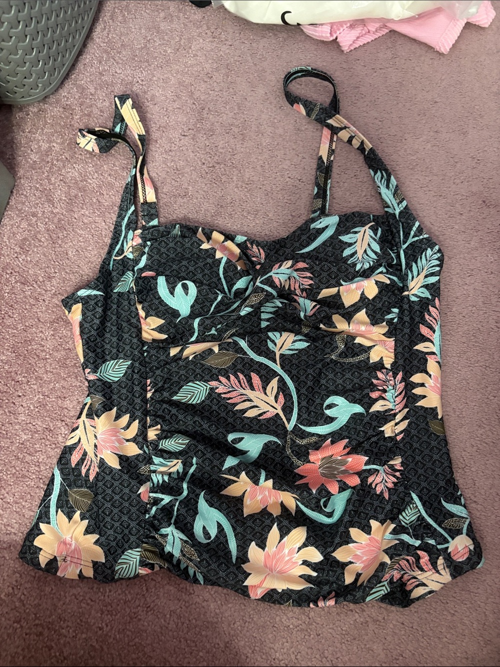Black Floral Ruched Tankini Top - Brand Not Visible
